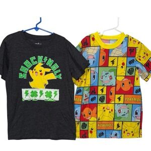 2 Pokemon Shirt Kids Medium Black Pikachu St Patrick's Day & Yellow Multi Image